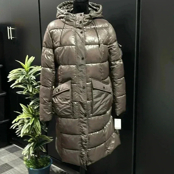 Steve Madden long hooded puffer coat, pockets, thumb hole, zip/snap up - Picture 1 of 16